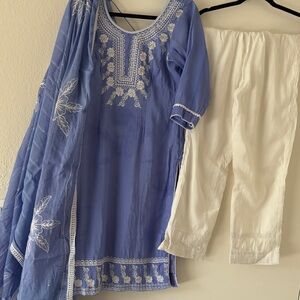 Blue Embroidered Women Kurta Set with White Pants